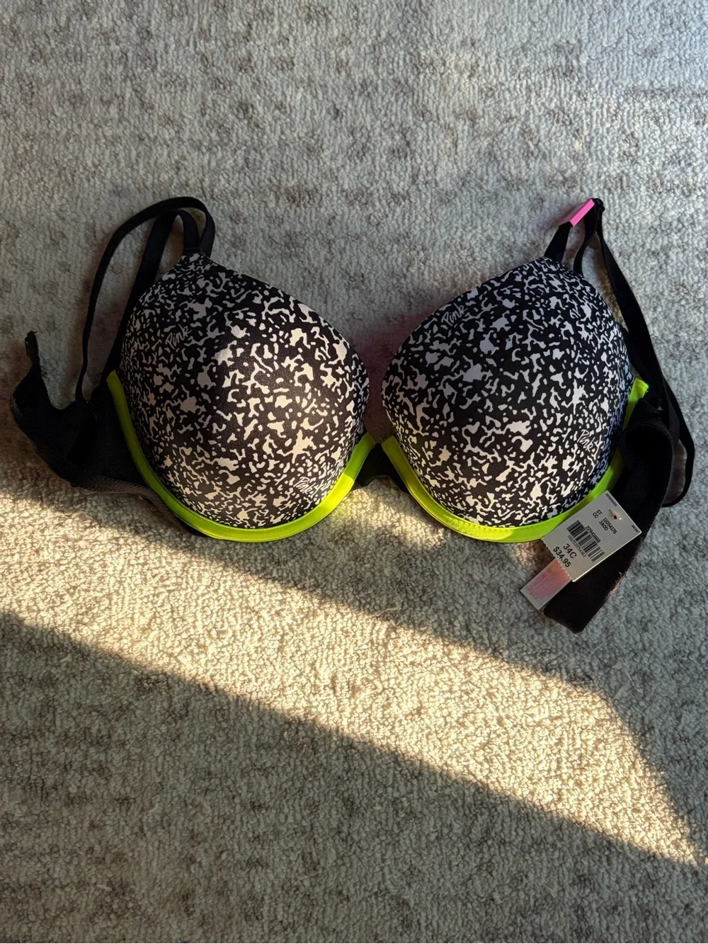 PINK Victoria's Secret Black & White Patterned Bra with Neon Green Trim
